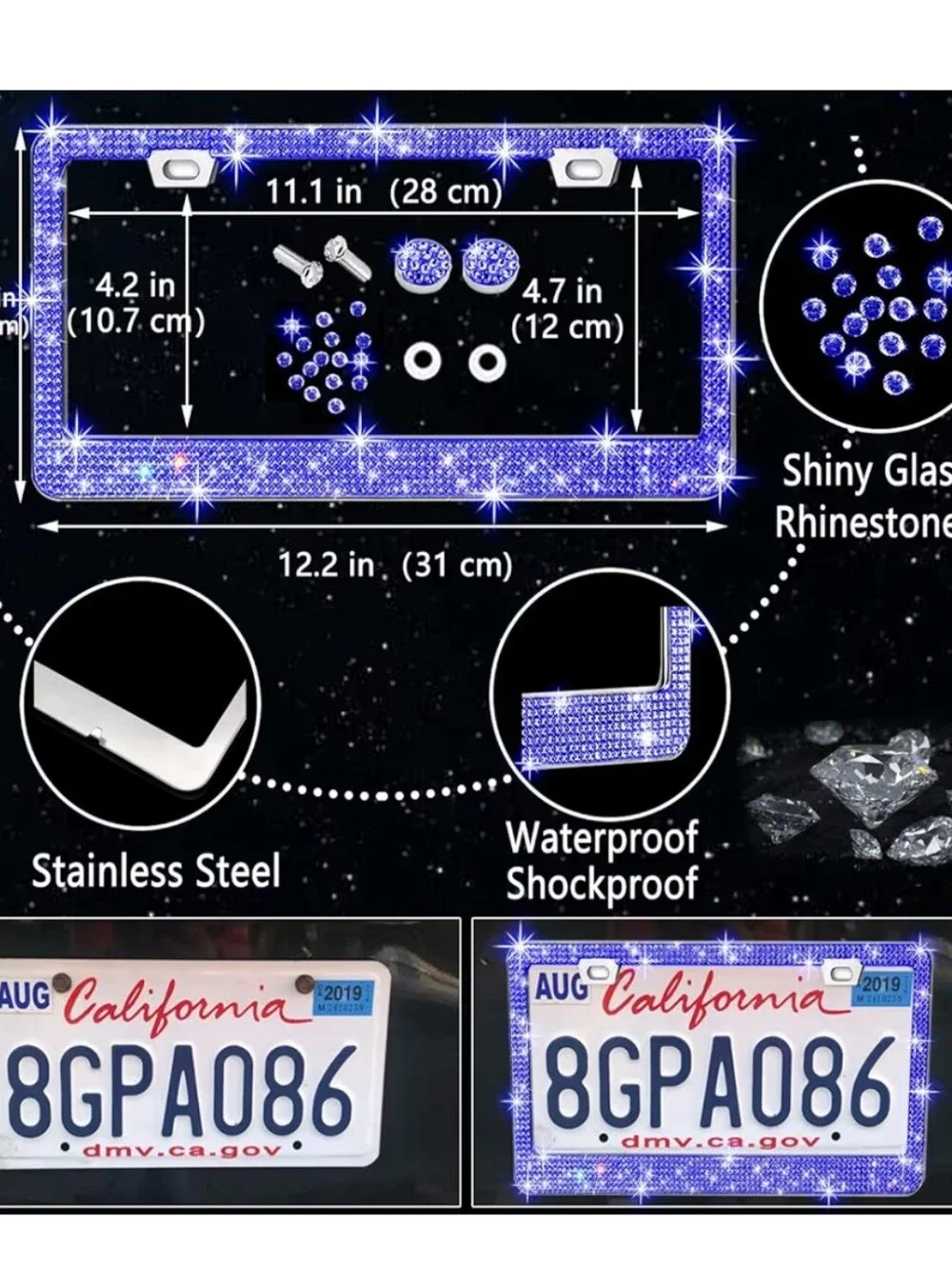 Blue Rhinestone Car Phone Accessory Set - Sparkle Steering Wheel Cover & Holders